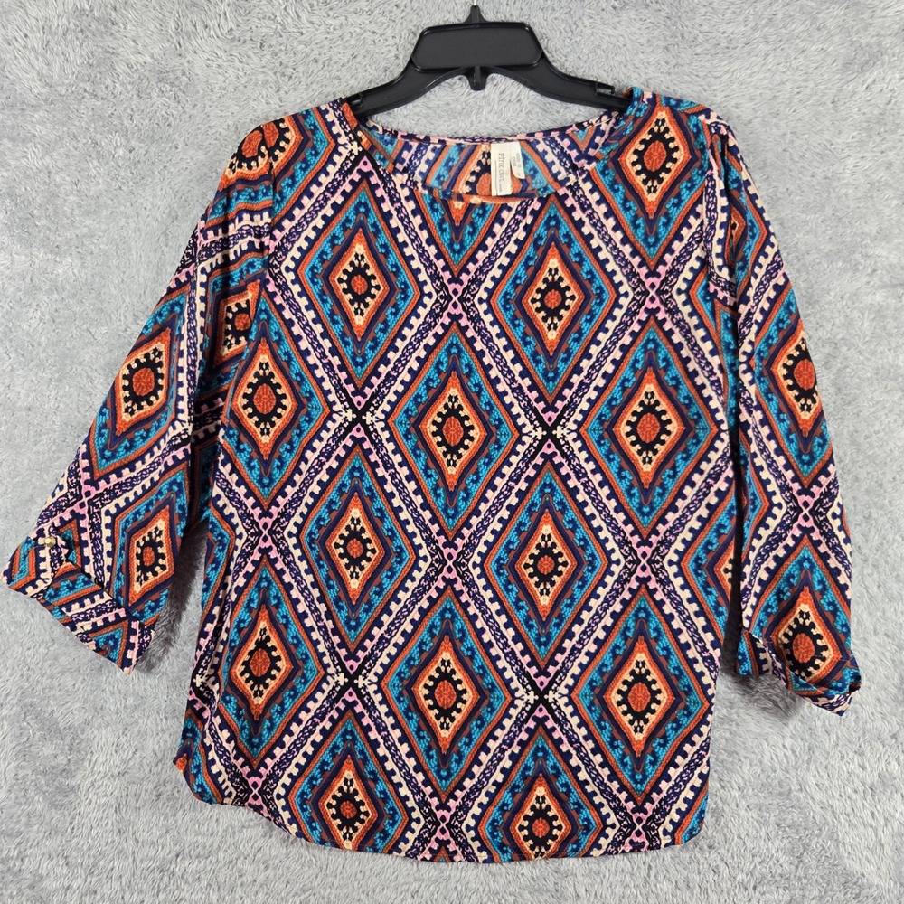 Pink Owl Blue Orange Geometric Diamond Print 3/4 Sleeve‎ Blouse Large 119185EZS